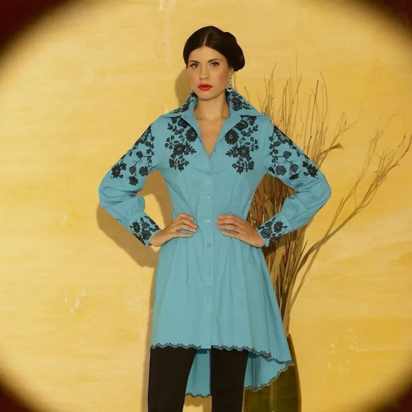 $225 ROJA Embroidered Tunic Dress Long Sleeve Floral Blue Hi-low Southwestern M - Picture 5 of 5
